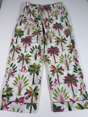 Print Fresh Cotton Pajama Pants White Pink Green Palm Trees And Monkeys size M