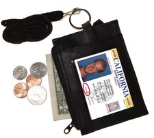 Black Leather ID CARD Holder Neck Travel Pouch Wallet Zip Key Lanyard, Set of 2