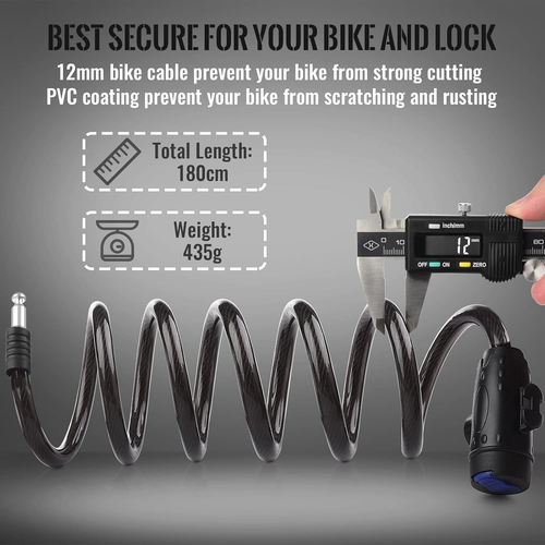 Bike Lock, [6Ft/1.8M] Bike Cable Locks with 2 Keys, 1/2 Inch Thick Weatherproof - Picture 4 of 12