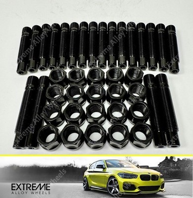 Passend für BMW E36 E46 E90 E91 Z4 Schwarz Umbau Radbolzen 90mm Satz + Muttern M12x1,5