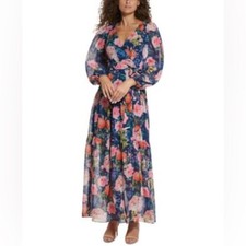 ELIZA J Floral Long Sleeve Maxi Dress Size 2 Blue Pink Chiffon Tiered Easter New