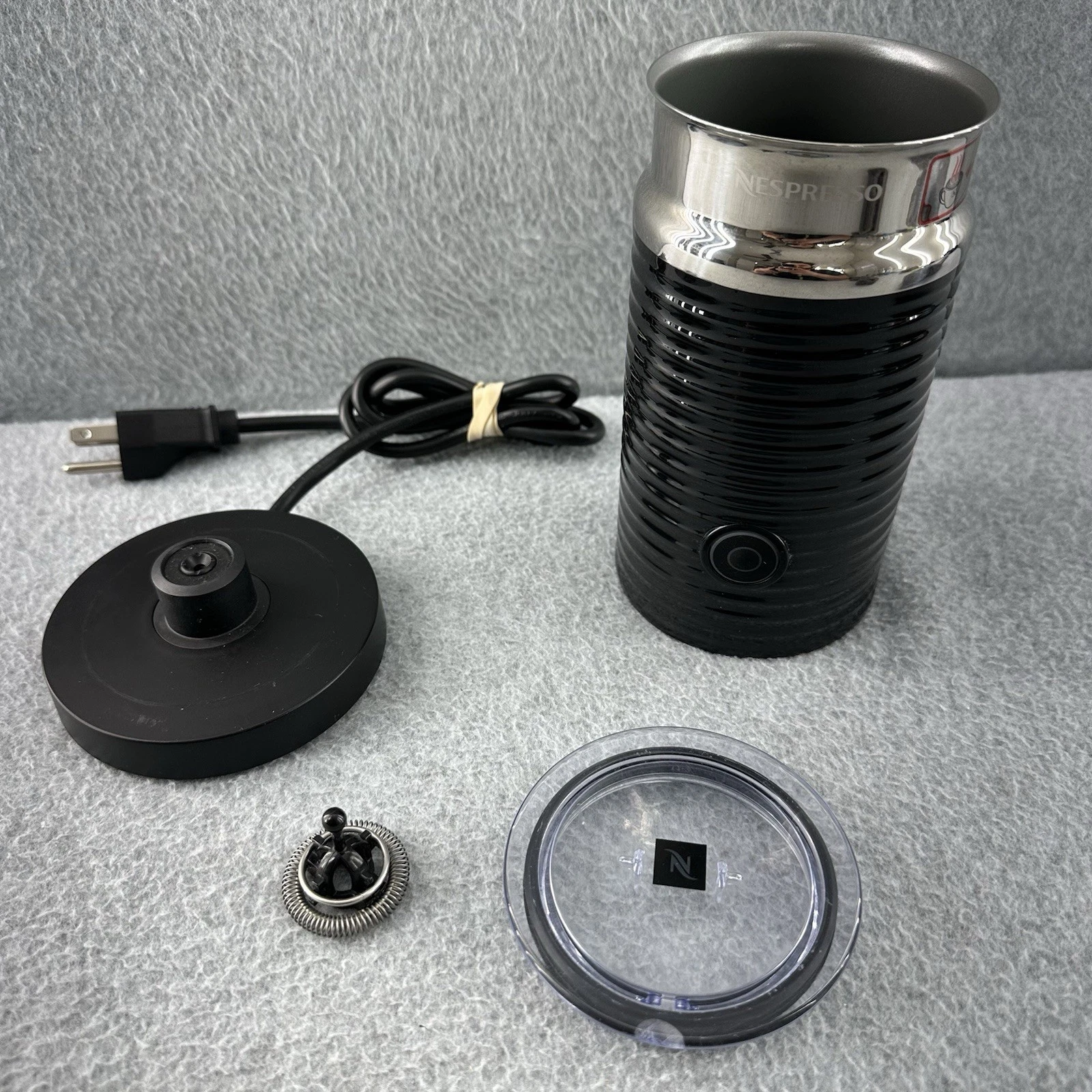 Nespresso Aeroccino 3 Electric Milk Frother Black Stainless 3594 Base Lid Whisk