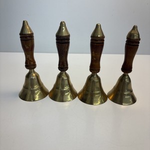 Lot of 4 Brass Hand Bells Wood Handles Made in India 5.5”