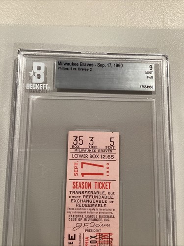 1960 Sept 17 Philadelphia Phillies Milwaukee Braves Full Ticket BGS 9 Hank Aaron - 第 3/9 張圖片