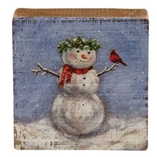 NEW Primitive Snow Woman Wood Block Christmas Cardinal 3"x3"x1" Aged Winter