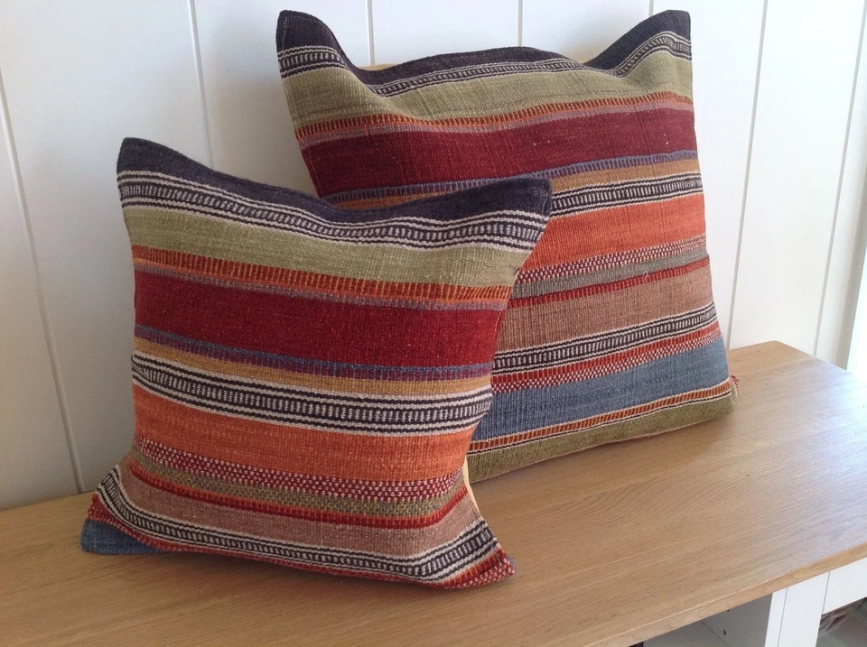 Large Cushion Cover Orange Green Multi Striped Wool Kilim Cushions 60 x 60 cm - Image 3 of 4