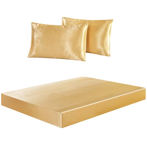 3Pcs Satin Silk Feel Fitted Sheet + Pillowcase Set Fully Elastic 12" Deep Pocket - Picture 37 of 45