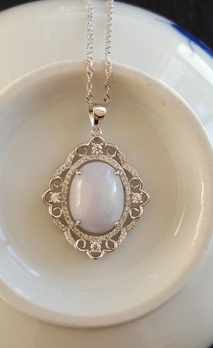 Genuine Large Lavender 8.4ct Jadeite Jade(Type A) 925 Silver Pendant with Chain - Foto 4 di 12
