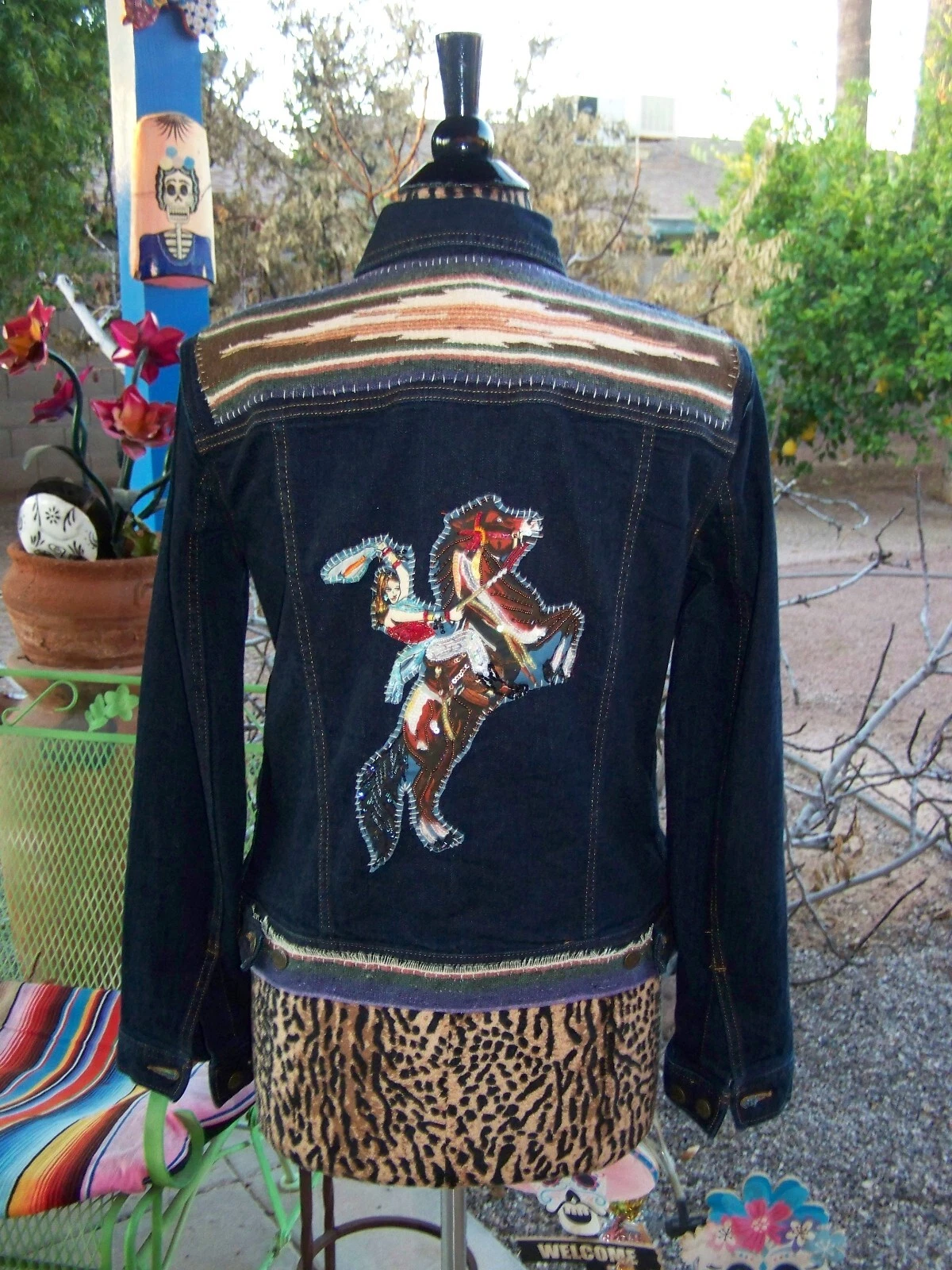 UPCYCLED OOAK~M~Saltillo Serape Beaded Cowgirl Horse Embellished Denim Jacket