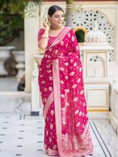 Designer Sari Bollywood Bridal Silk Saree Blouse South Indian Party Wear Pink