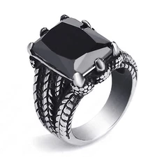 Men's Dragon Claw Set Silver Black CZ Stone 316L Stainless Steel Biker Ring