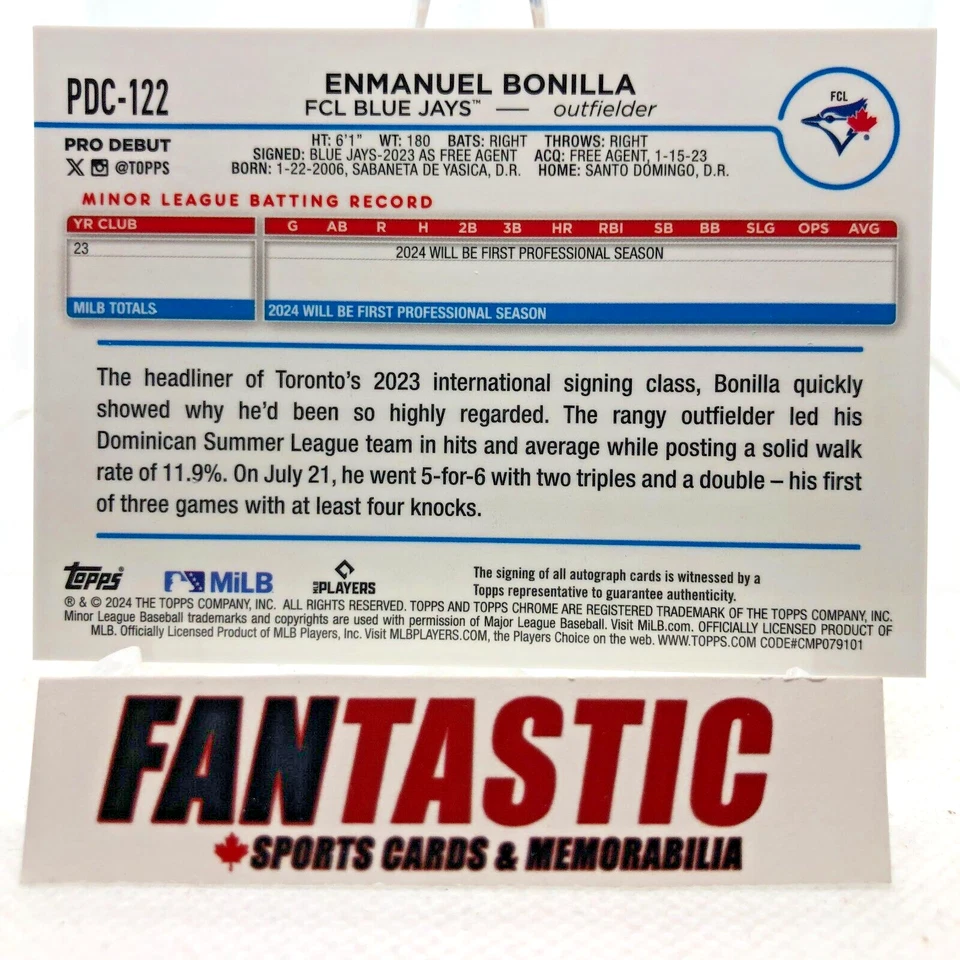 Enmanuel Bonilla Auto GOLD SPECKLE /50 2024 Topps Pro Debut PDC-122 Blue Jays - Image 2 of 2