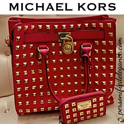 Michael Kors Hamilton Large Pink Leather Gold Studded Handbag
