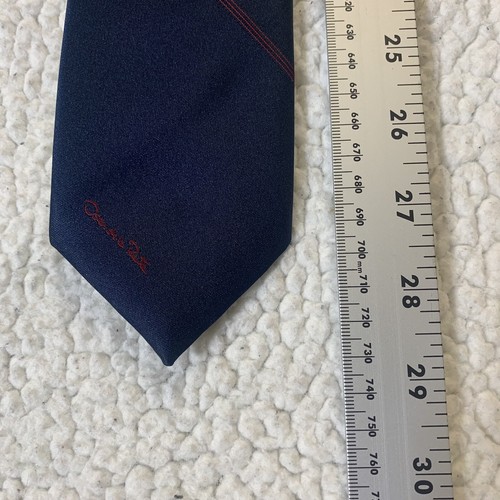 Oscar de la Renta Tie Navy Diagonal Red Striped Skinny Logo Signature 58”Vintage - Picture 7 of 7