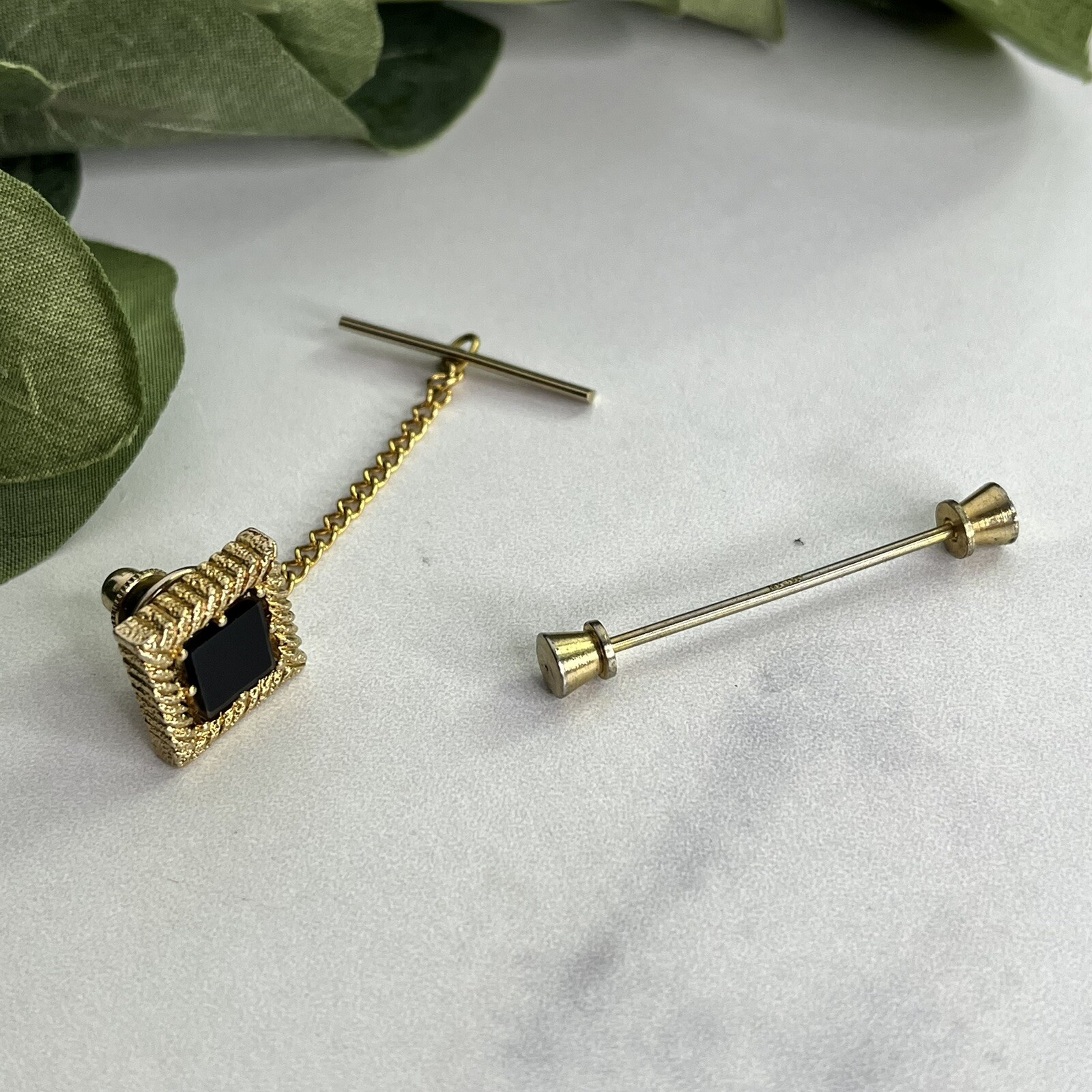 Vintage Gold Tone Barbell Collar Bar Pin & Gold Tone Black Stone Tie Tack Japan