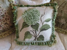 Aubusson style FRENCH COUNTRY Needlepoint Pillow w Petit Point Hydrangea Flower