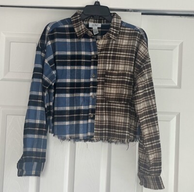 Just Polly half and half split plaid crop button up top