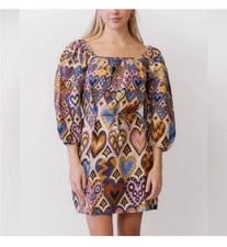 NEW FARM RIO Cream Hearts Ikat Puff Sleeve Dress Sz Small