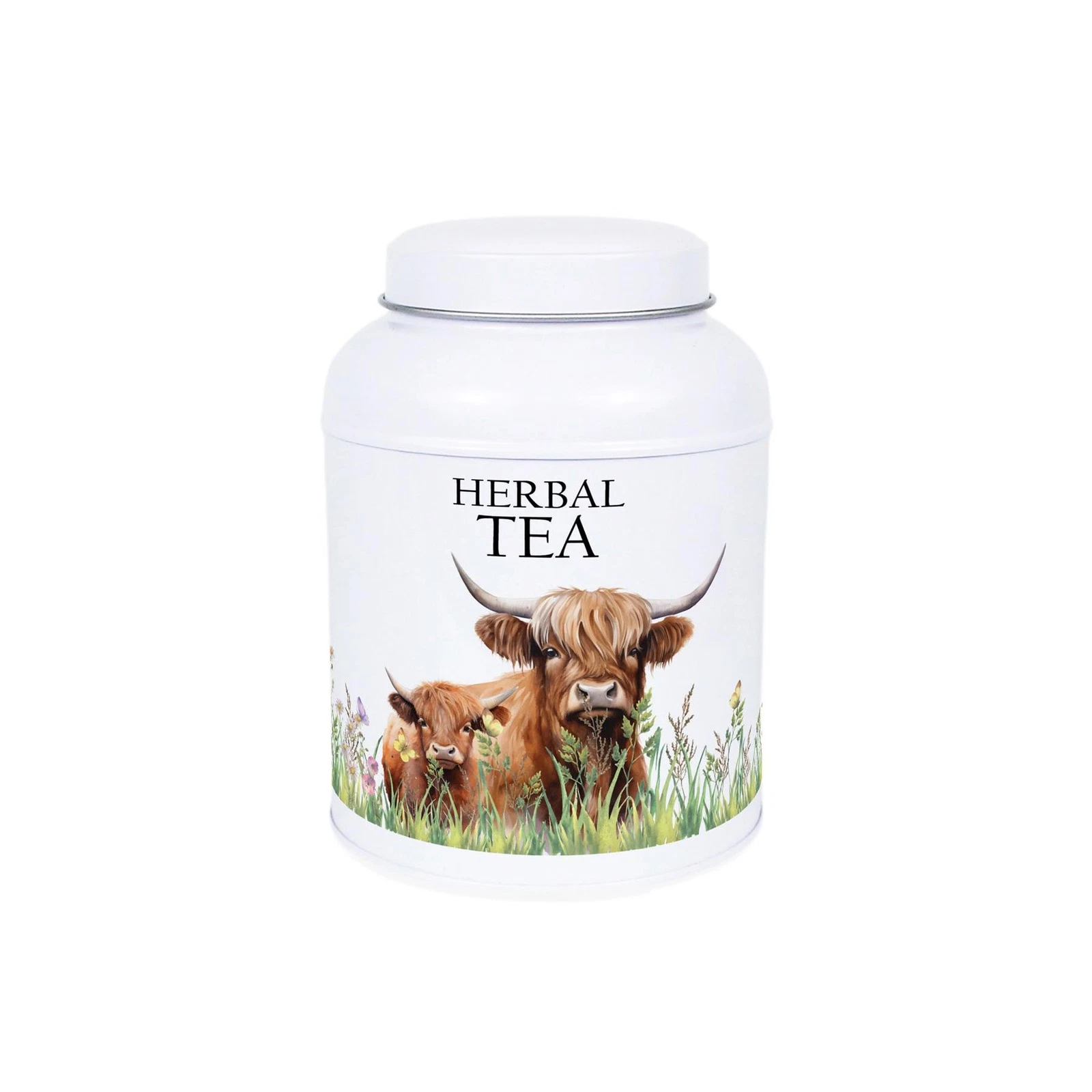 Highland Cow & Calf Herbal Tea Canister - Small Domed Metal Kitchen Storage Gift