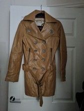 Yakuza tan/caramel genuine leather belted peacoat / trench-style jacket Sz Small