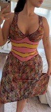 Rare Vintage Missoni Multicoloured Print Chevron Plunge Midi Dress Corset Effect
