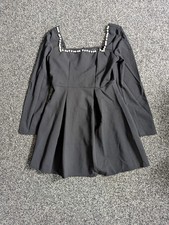 Viral Mini Dress Large Black Faux Pearls Trim Square Neck Elegant Cocktail Party