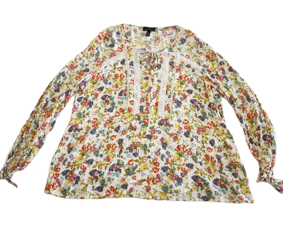 Blusa Jessica Simpson Floral Boho Campesina Cabaña Pradera Hada Encaje Talla 1X