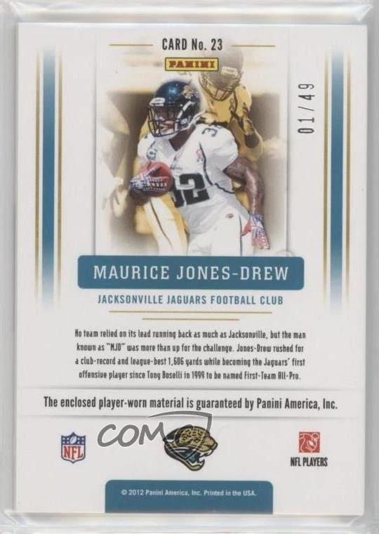 2012 Playoff Prestige Team Foundations Materials Prime /49 Maurice Jones-Drew - Image 2 of 2