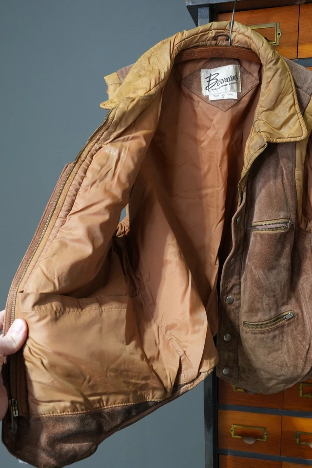Jaqueta colete de caça vintage Berman's couro marrom camurça zíper completo tamanho 46 RARA - Imagem 2 de 4