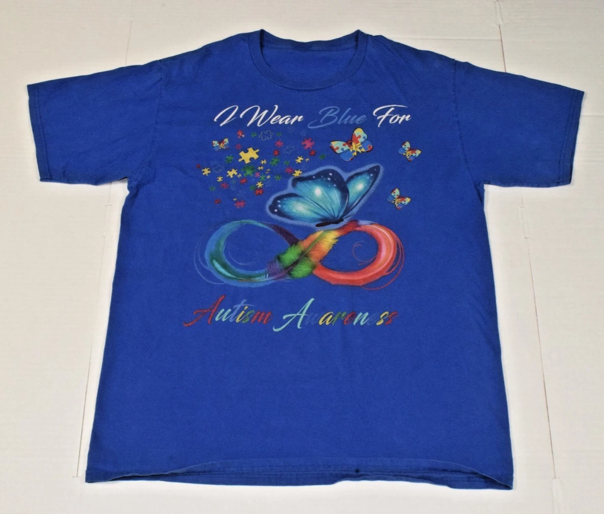 Unisex T-Shirt Size L Blue Cotton I Wear Blue For Autism Awareness Butterflies