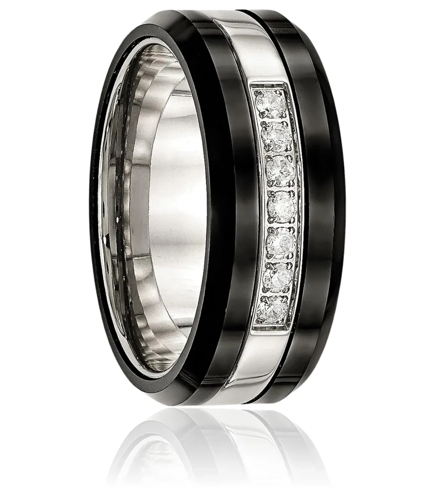Anillo de boda de acero inoxidable con borde de circonita cúbica de cerámica negra Foto 4 de 4