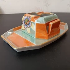 Ladies Art Deco Lustre Ware Japanese? Ashtray, Floral Cigarette/Matchbook Holder