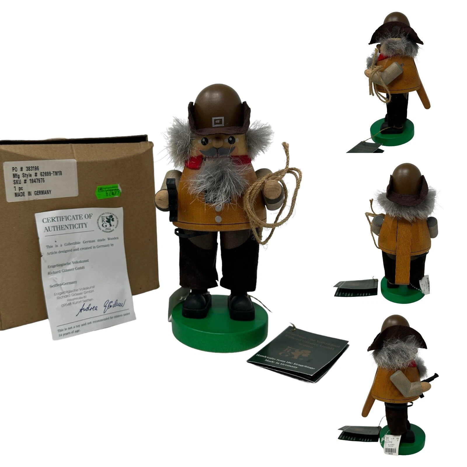 RARE VTG Richard Glasser Volkskunst Wooden German Nutcracker Western Cowboy COA