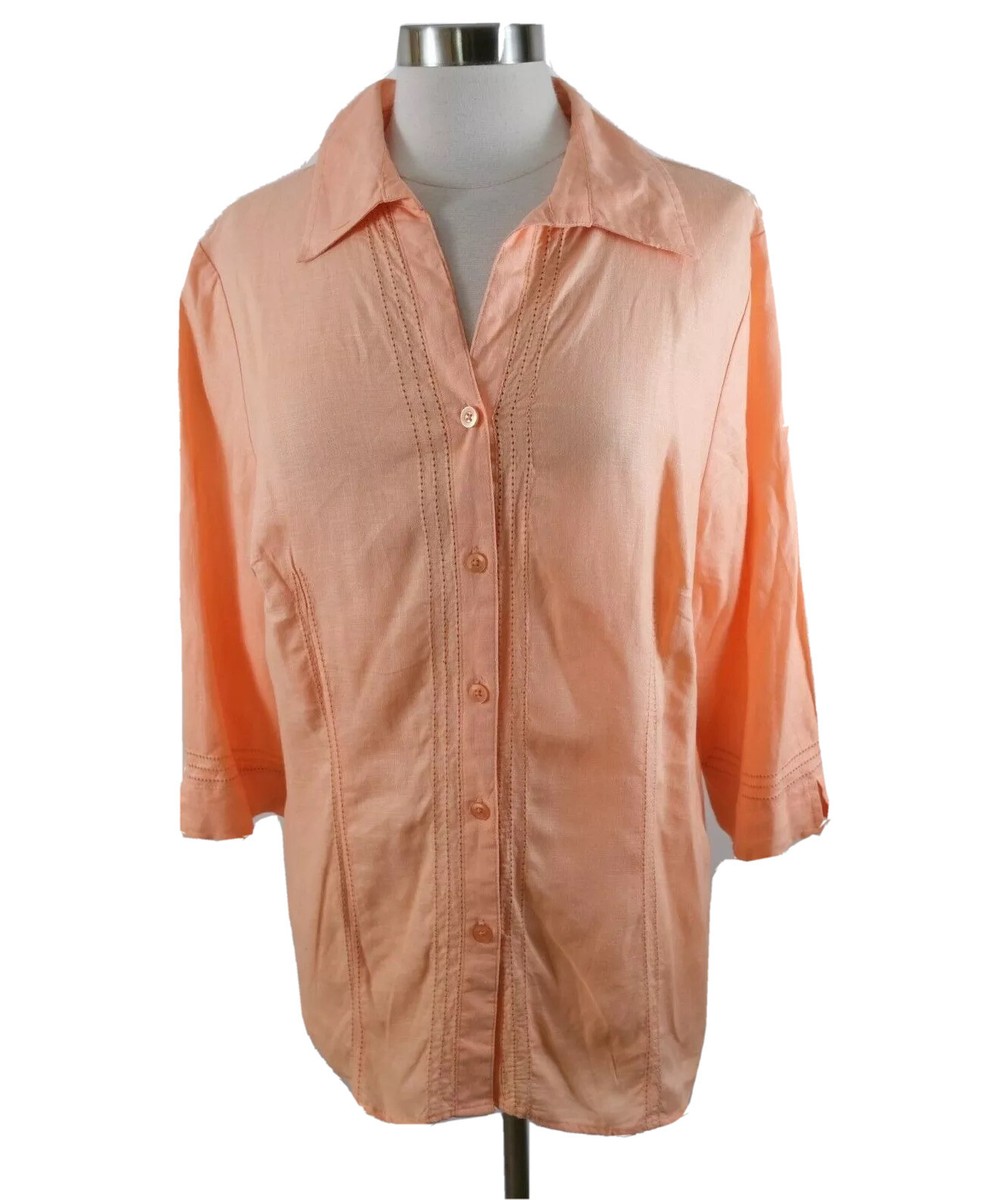 Kenar Womens Linen 3/4 Sleeve Button Up Solid Peach Blouse