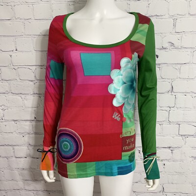 Desigual Women s Blouse M Pink Green Long Sleeve Geo Floral Tie Long Sleeve New
