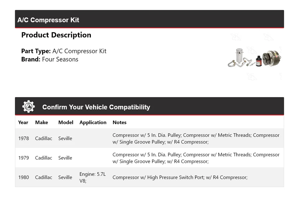 Kit compresor aire acondicionado para Cadillac Seville 1978-1980 4 estaciones 1979 Foto 2 de 4