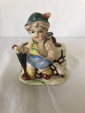 Vtg. Village Boy W/Feathered Hat, Umbrella, Ducks Porcelain SM Planter 