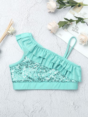 Girls Sequined Ruffled Ballet Dance Crop Top Modern Jazz One Shoulder Cami Vest - Picture 48 of 66
