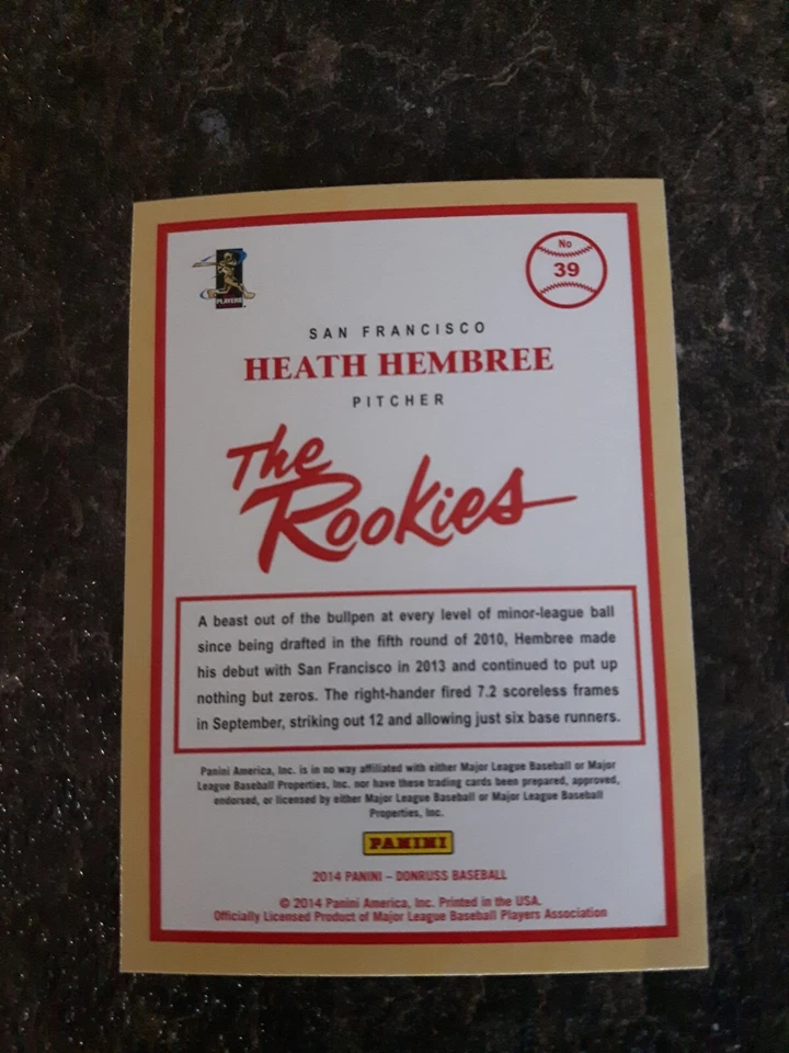2014 Panini Donruss Rookie Heath Hembree RC Card# 39 - Image 2 of 2