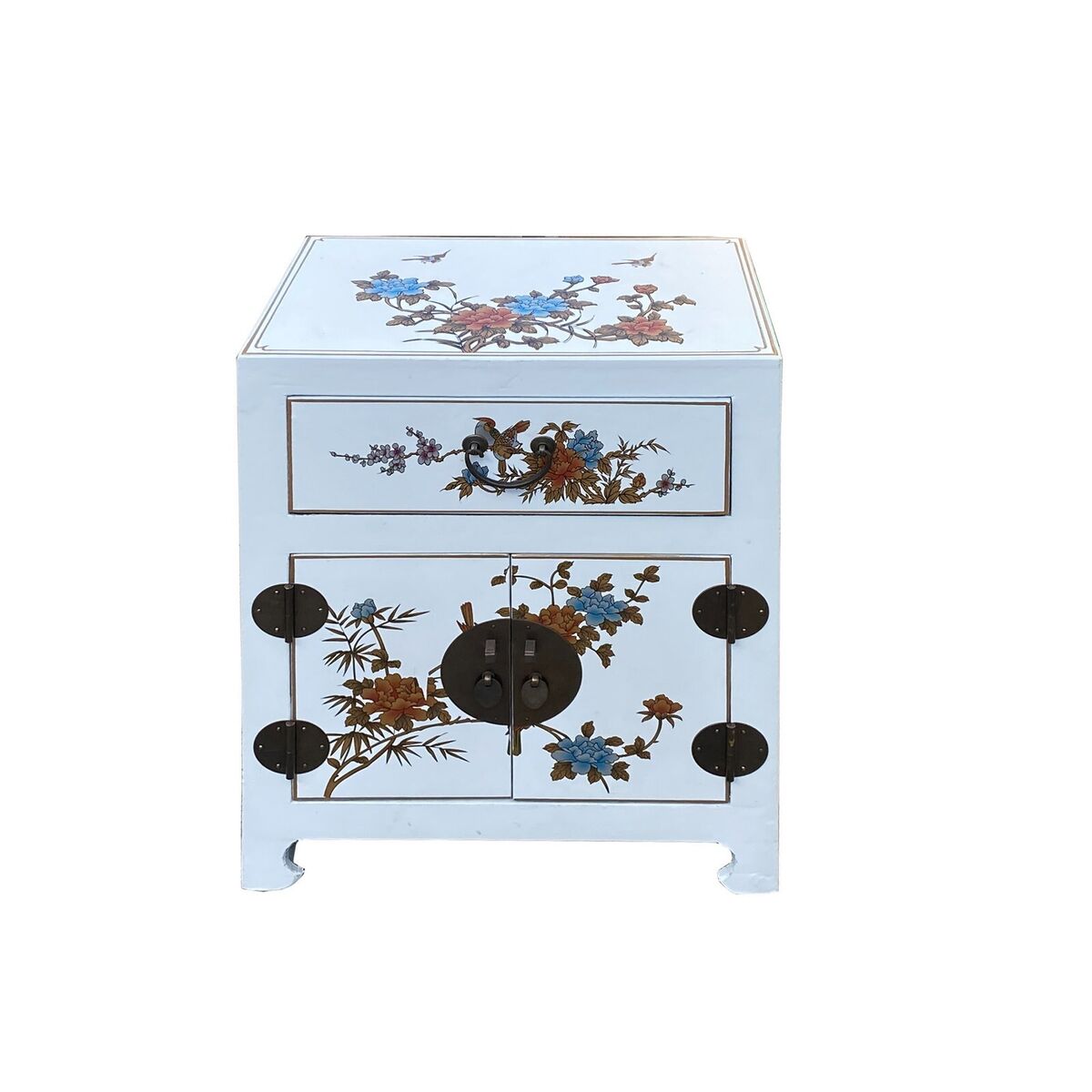 Chinese Off White Vinyl Moon Face Flower Bird End Table Nightstand cs7549S Chinese Off White Vinyl Moon Face Flower Bird End Table Nightstand cs7549S