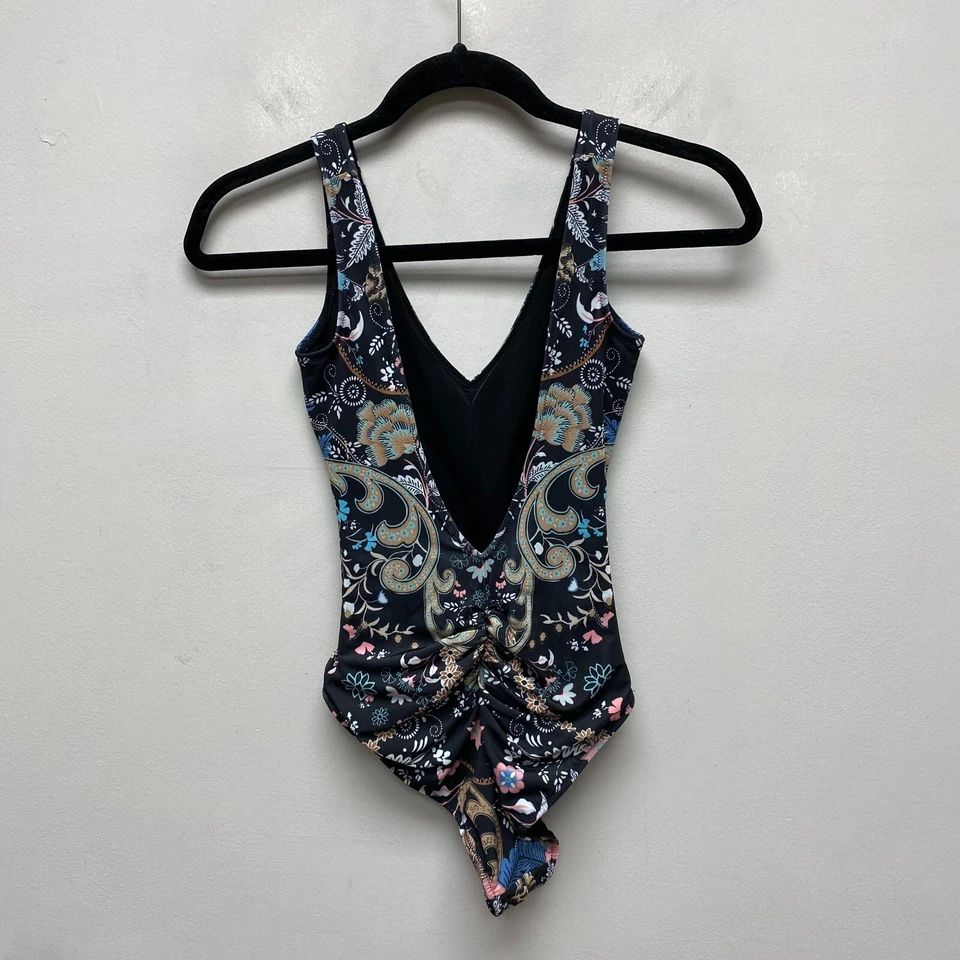 Hale Bob 女式黑色花卉 V 领褶皱海滩泳池连体泳衣 XS $156 — 第 4/4 张图片