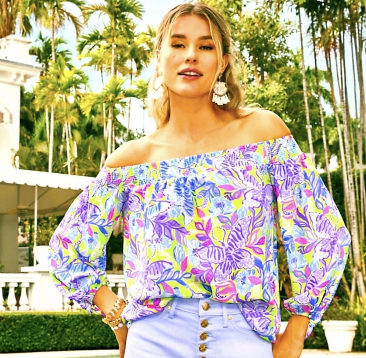 Lilly Pulitzer Maryellen Off The Shoulder Top Long Sleeve Dew Drop