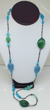 Vintage Lucite Plastic Blue Green Teal Retro Necklace Beaded Silver Tone 36"