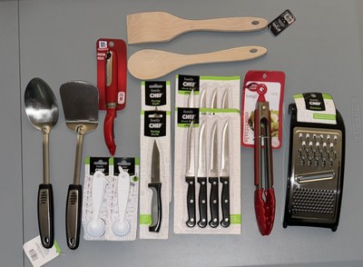 Starting Kitchen Utensils, Knives, Tongs, Cheese Grater, Strainer, Spoons, Board