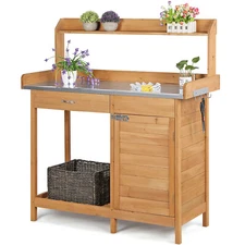 Garden Potting Bench Table Outdoor Work Bench Workstation Shelves Natural Wood