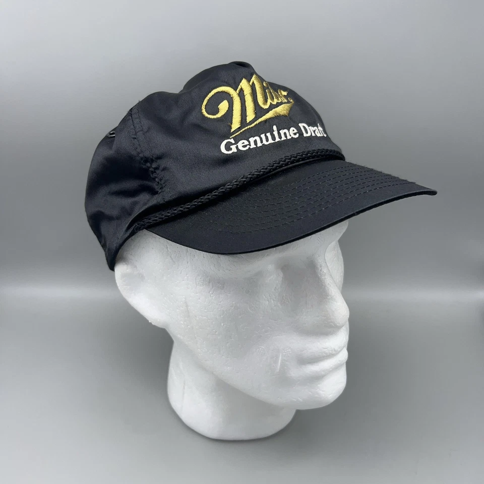 ВИНТАЖНЫЙ Miller подлинный проект шляпа мужской черный крышка Snap назад веревки пива промо 90-х - Изображение 2 из 4