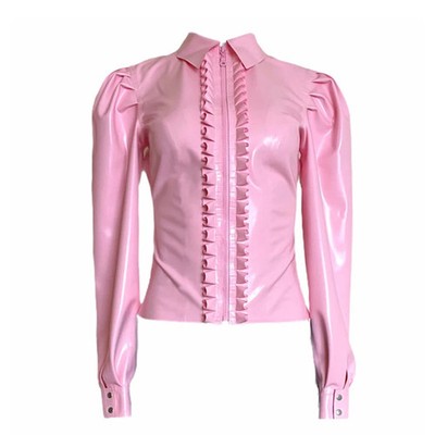 Fashion Ruffles PVC Shiny Shirts Elegant Office Lady Puff Long Sleeve Blosue