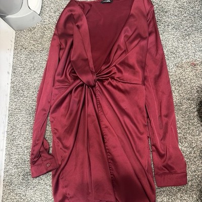 boohoo Women s Burgundy Satin Crew Neck Long Sleeve Solid Mini Dress
