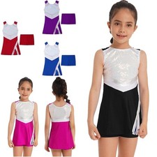 Kids Girls Shiny Tennis Golf Sports Outfits Dress with Shorts Cheerleading Set