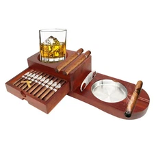 Cigar Ashtray Set with Coaster Cutter Wooden Tray Whiskey Glass Holder Gifts ...